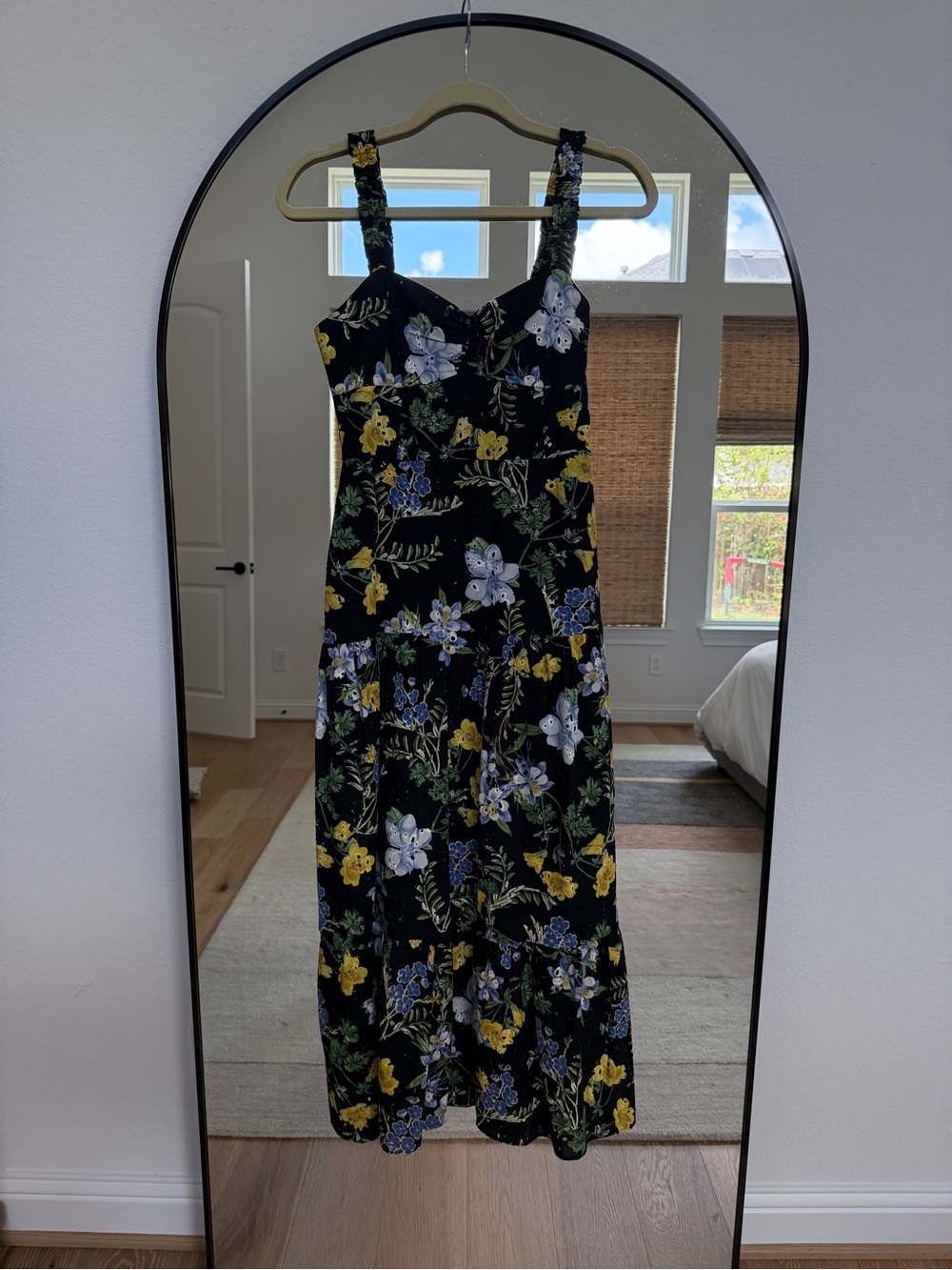 Floral Midi Sundress in Black with Yellow & Blue Flowers